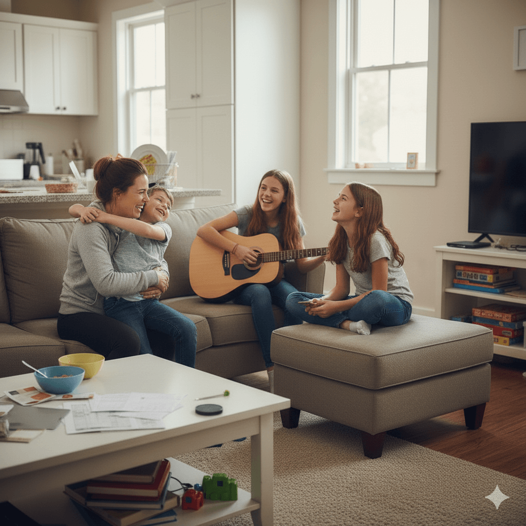 A happy family spending relaxed time together thanks to the app